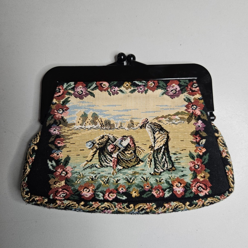 Vintage Walborg Tapestry Clutch Bag Floral Pastoral Scene Kiss Lock‎ Japan
